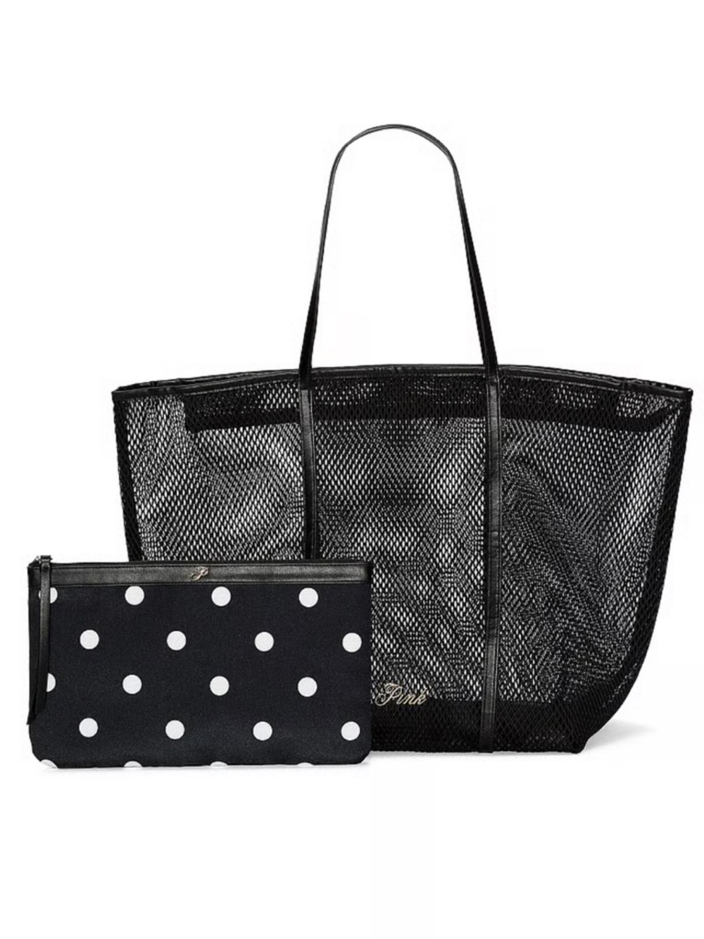 Victoria’s Secret Mesh Beach Tote and Polka Dot Pouch NWT